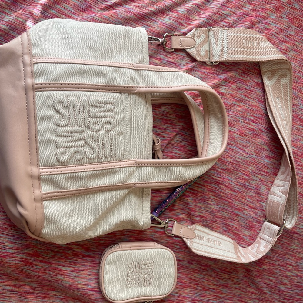 Steve Madden Cream and Light Pink Canvas Tote with Detachable Strap